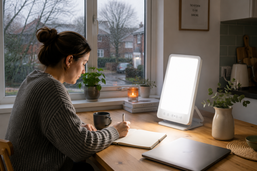 Person sitting at a desk beside a switched-on daylight lamp on a cloudy winter morning, with rain visible through the window.