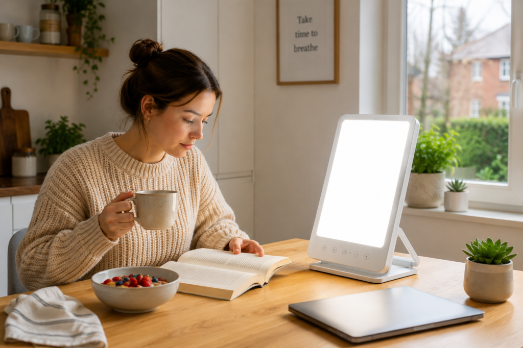 Person reading at a kitchen table beside a switched-on daylight lamp during a bright morning at home.