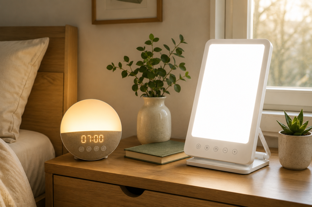 Unbranded sunrise alarm clock and compact daylight lamp on a tidy bedside table in warm early-morning light.