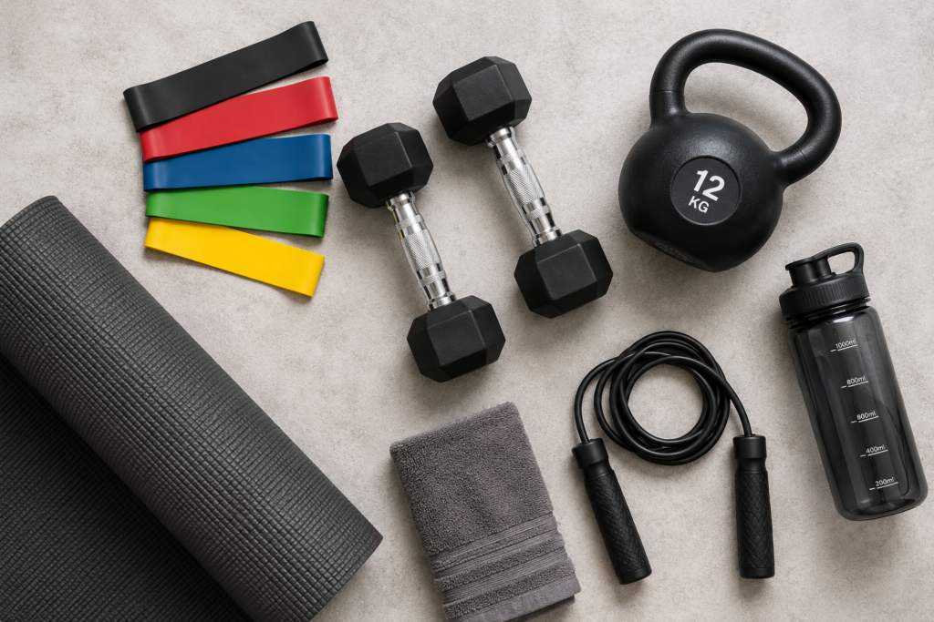 Beginner home gym equipment including resistance bands, dumbbells and kettlebell