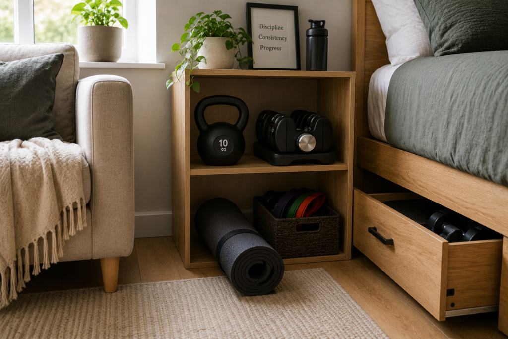 Compact home gym equipment stored neatly beside a sofa and bed, including a folded exercise mat, resistance bands, adjustable dumbbells and kettlebell