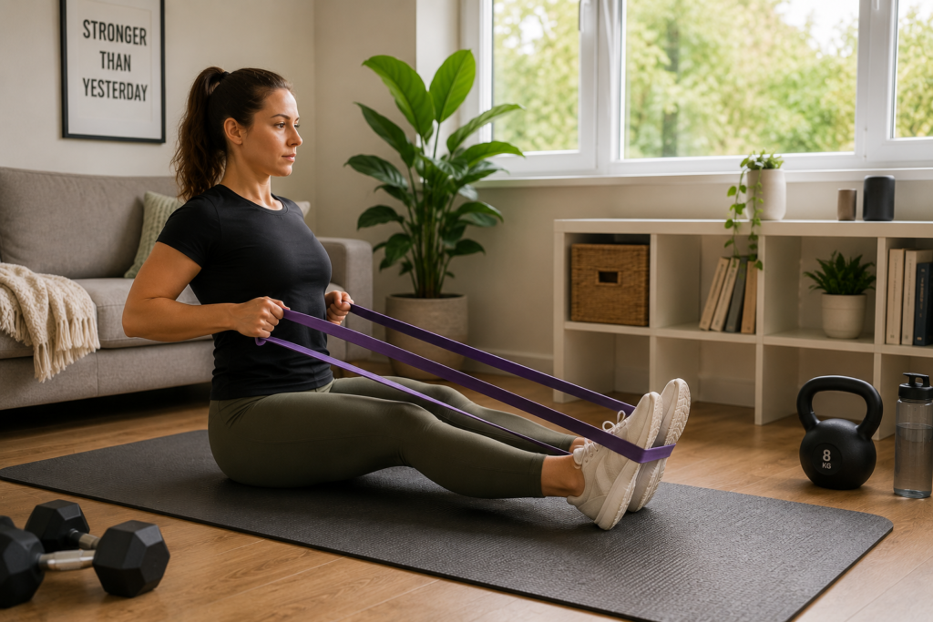 Person performing a seated resistance-band row on an exercise mat in a bright home living room
