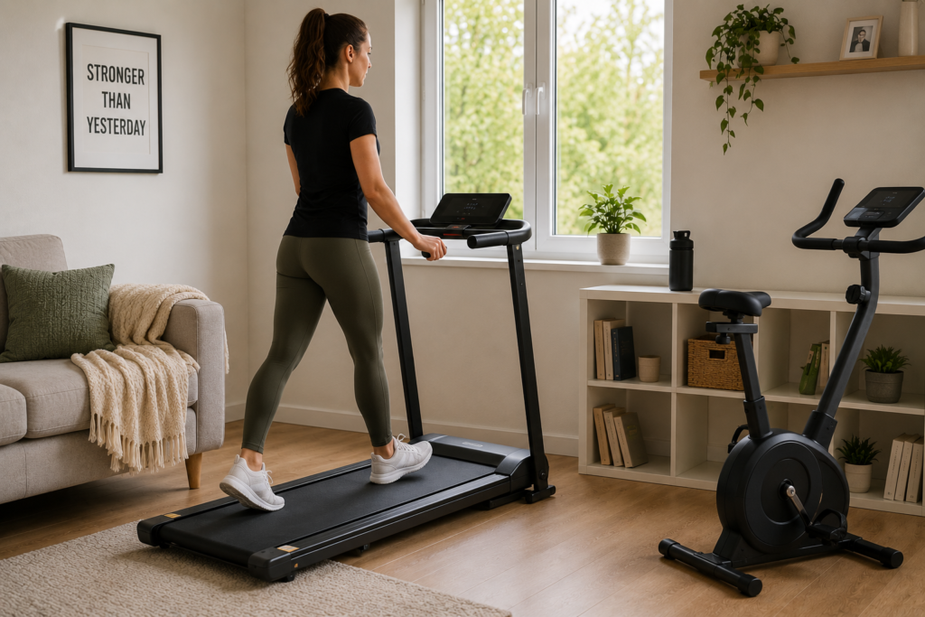 Person walking on a folding treadmill in a bright home living room for a beginner cardio workout