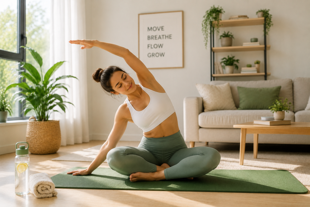 Beginner performing a gentle seated stretch on the best yoga mat for beginners in a bright living room with natural light, indoor plants and a relaxing home workout environment.
