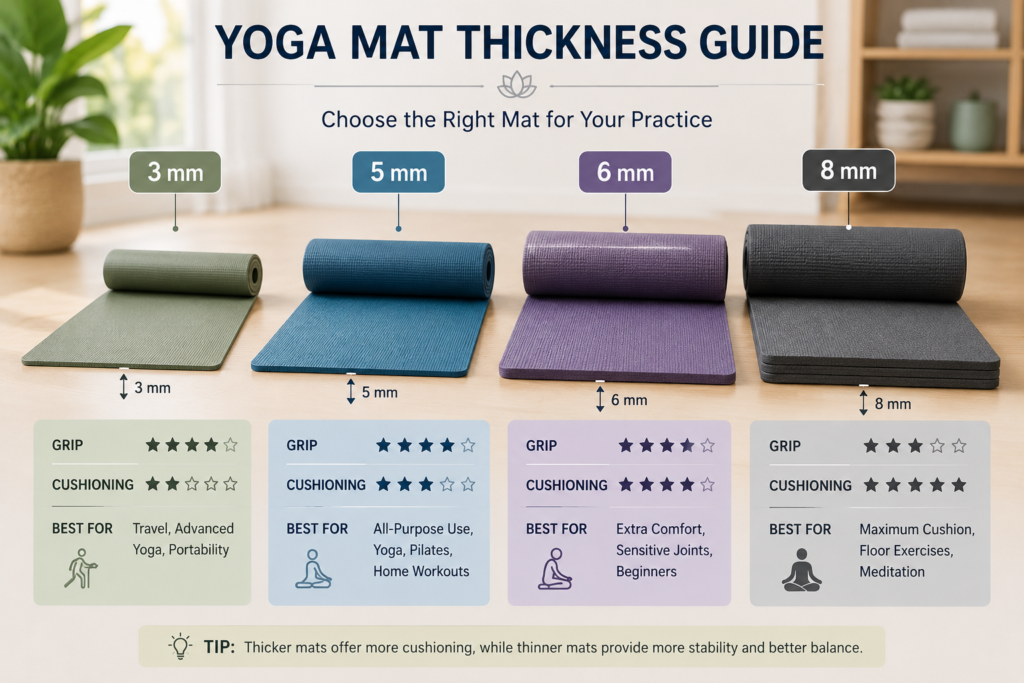 Comparison of 3 mm, 5 mm, 6 mm and 8 mm yoga mats showing thickness, grip, cushioning and recommended use to help choose the best yoga mat for beginners.