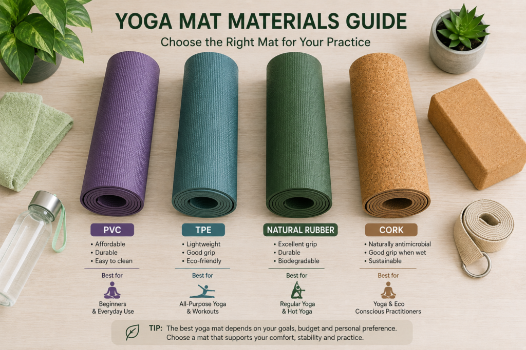 Comparison of yoga mats made from PVC, TPE, natural rubber and cork with a yoga block, towel and water bottle to help choose the best yoga mat for beginners.