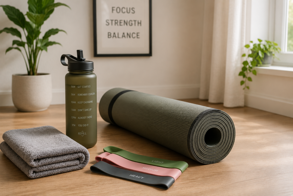 Rolled-up yoga mat beside a reusable water bottle, folded towel and resistance bands in a bright home workout space, ideal for the best yoga mat for beginners.