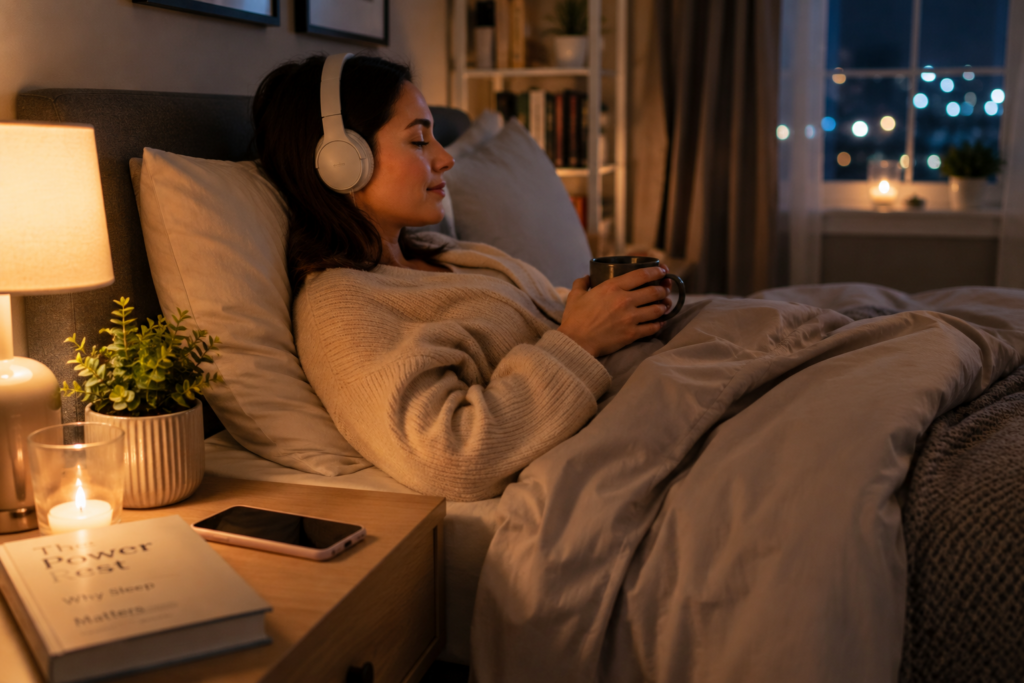 Woman wearing headphones and relaxing with a warm drink as part of her evening routine