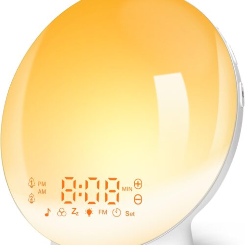 Sunrise Alarm Clocks, Wake Up Light with Sunrise/Sunset Simulation Dual Alarms Bedside Night Lamp Snooze Function FM Radio 7 Natural Sound 11 Colorful Atmosphere Lamp(White)