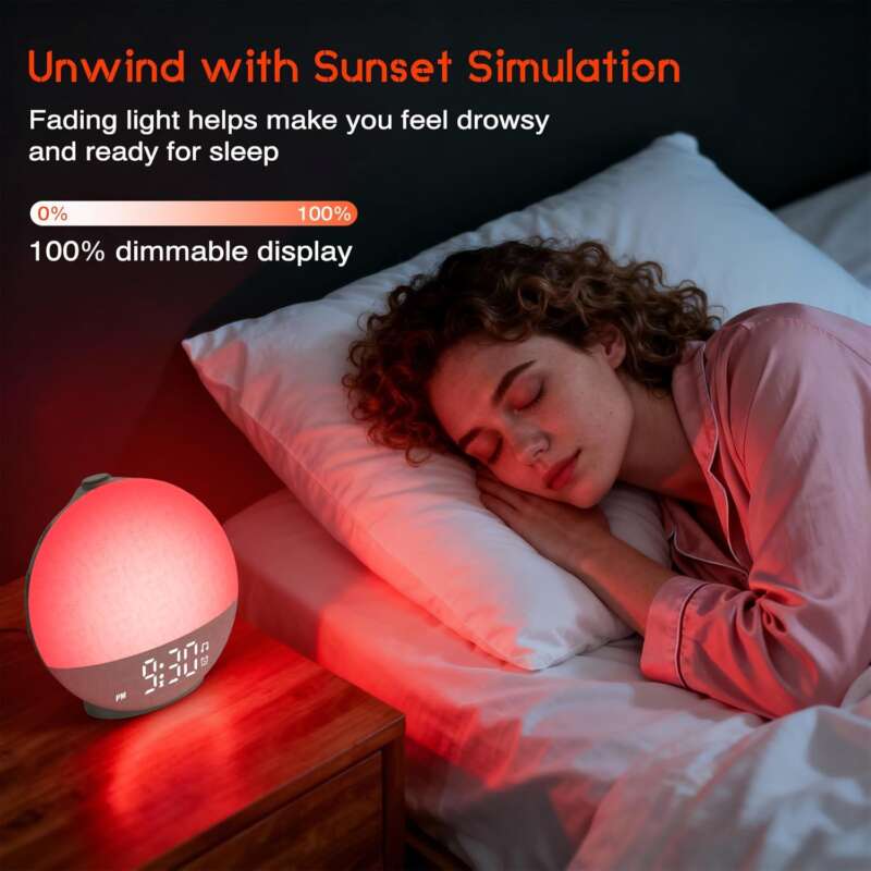 Sunrise Alarm Clock Wake Up Light with Sunset Simulation, 30 Sleep Sounds White Noise Machine, 12 Colours Night Light, Easy to Use Bedside Digital Clock Sunlight Lamp for Kids, Heavy Sleepers Bedrooms - Image 5