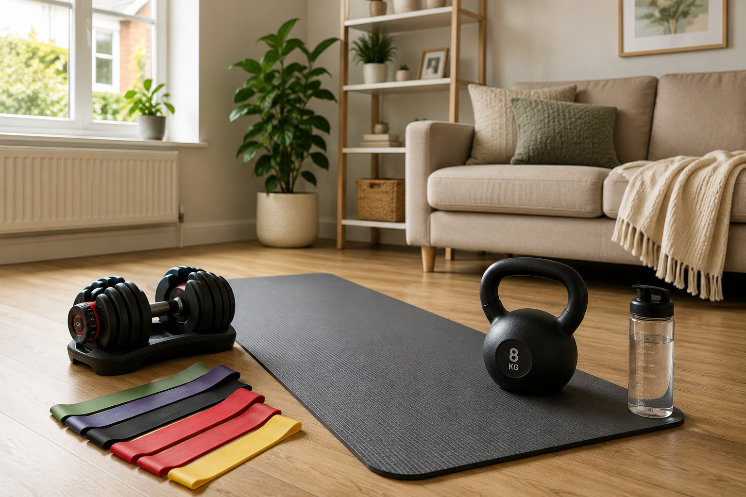 Beginner home gym setup in a bright living room with a yoga mat, resistance bands, adjustable dumbbells and kettlebell