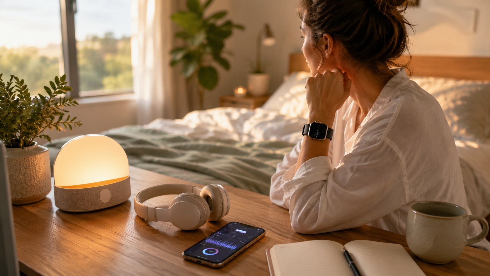 Person wearing a smartwatch at a desk beside a glowing sunrise alarm, headphones, and a phone showing a wellness tracking app in a calm morning bedroom workspace.