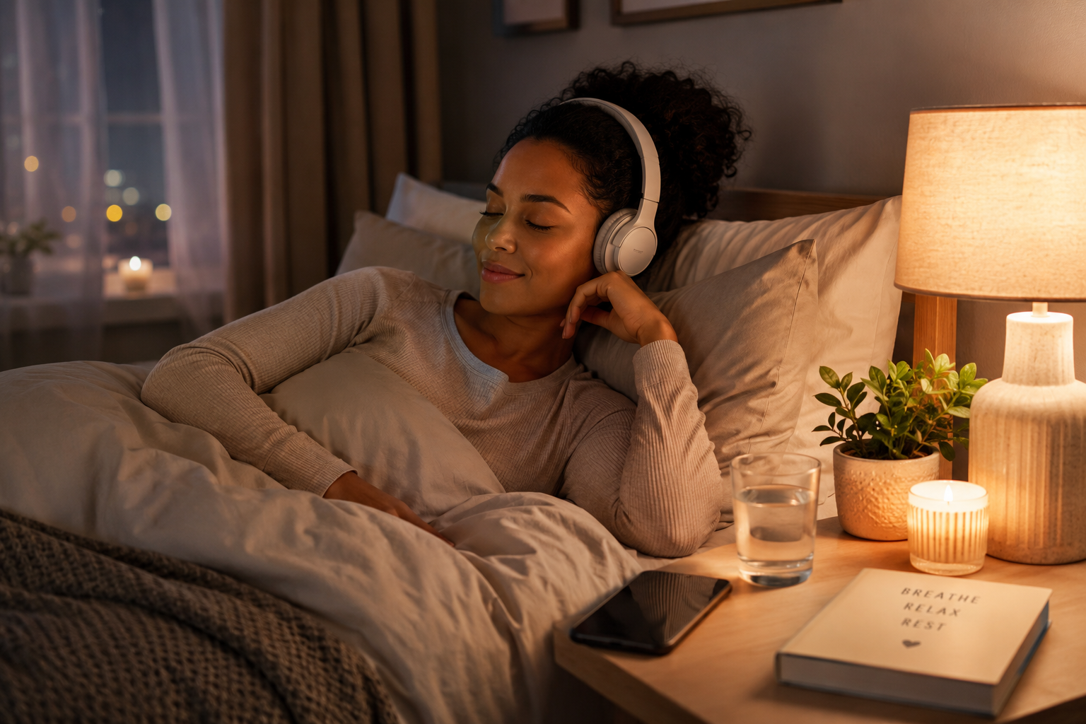 Woman relaxing in bed with headphones while listening to an audiobook